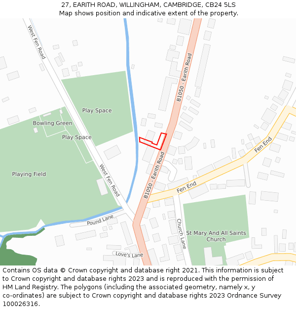 27, EARITH ROAD, WILLINGHAM, CAMBRIDGE, CB24 5LS: Location map and indicative extent of plot