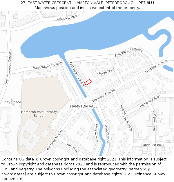 27, EAST WATER CRESCENT, HAMPTON VALE, PETERBOROUGH, PE7 8LU: Location map and indicative extent of plot