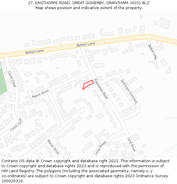 27, EASTHORPE ROAD, GREAT GONERBY, GRANTHAM, NG31 8LZ: Location map and indicative extent of plot