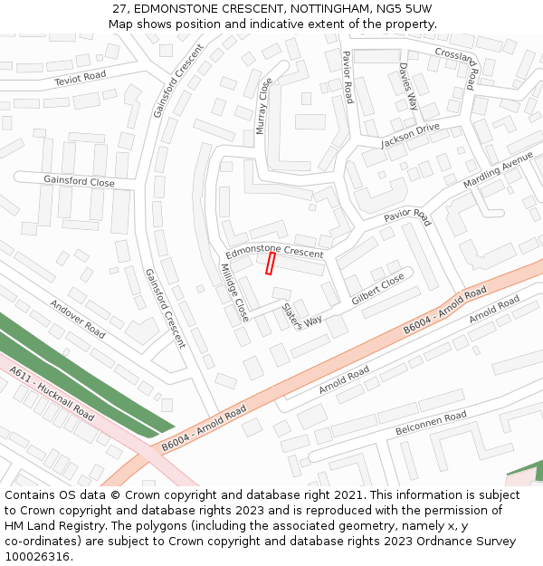 27, EDMONSTONE CRESCENT, NOTTINGHAM, NG5 5UW: Location map and indicative extent of plot