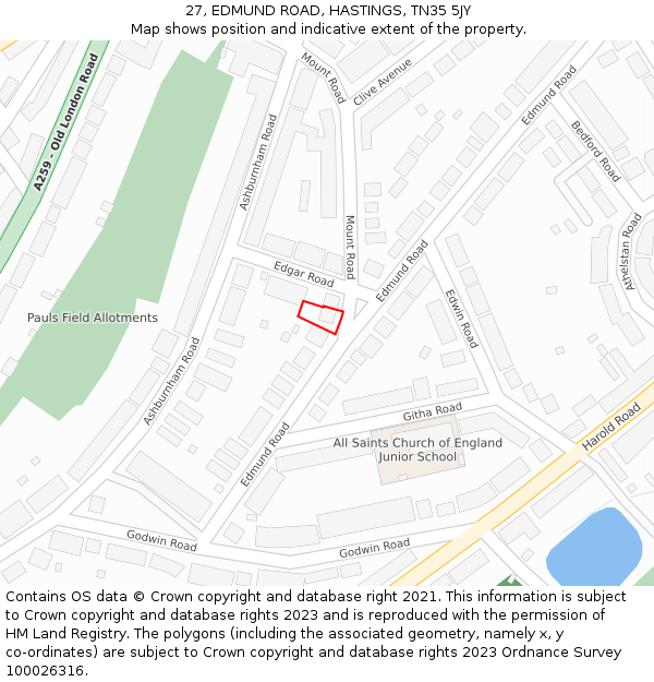 27, EDMUND ROAD, HASTINGS, TN35 5JY: Location map and indicative extent of plot