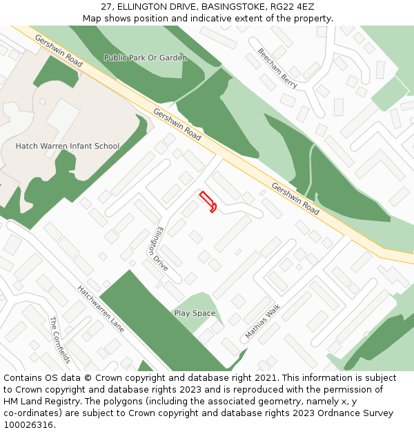 27, ELLINGTON DRIVE, BASINGSTOKE, RG22 4EZ: Location map and indicative extent of plot
