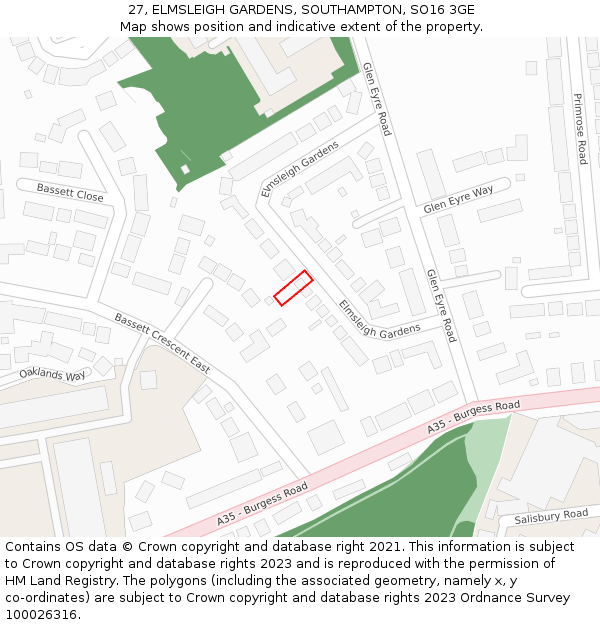 27, ELMSLEIGH GARDENS, SOUTHAMPTON, SO16 3GE: Location map and indicative extent of plot