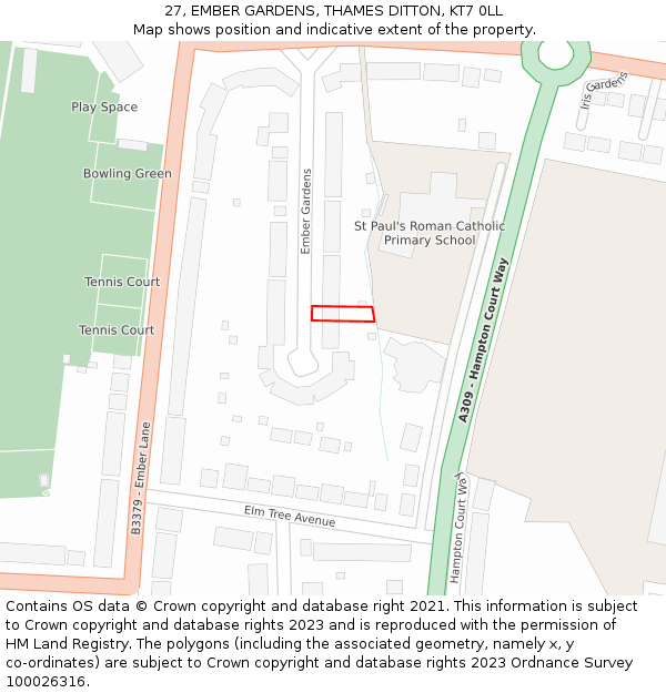 27, EMBER GARDENS, THAMES DITTON, KT7 0LL: Location map and indicative extent of plot
