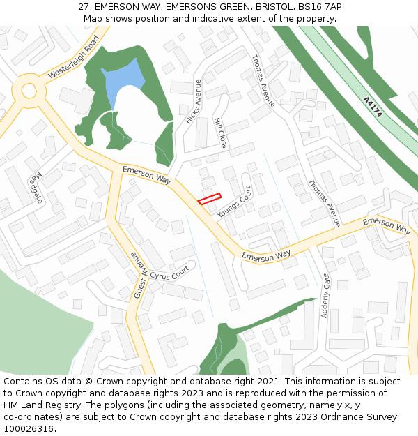 27, EMERSON WAY, EMERSONS GREEN, BRISTOL, BS16 7AP: Location map and indicative extent of plot