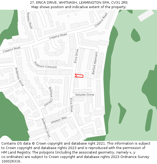 27, ERICA DRIVE, WHITNASH, LEAMINGTON SPA, CV31 2RS: Location map and indicative extent of plot