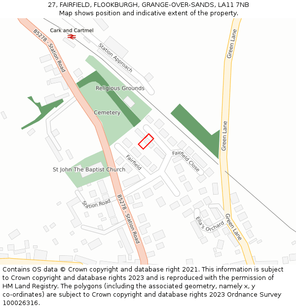 27, FAIRFIELD, FLOOKBURGH, GRANGE-OVER-SANDS, LA11 7NB: Location map and indicative extent of plot
