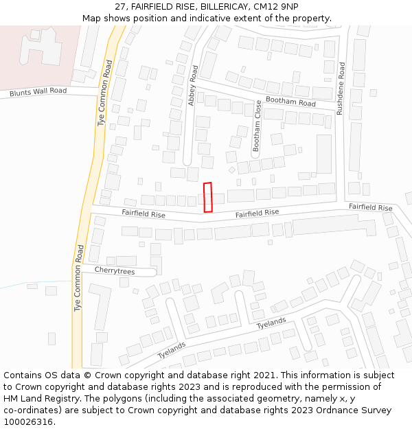 27, FAIRFIELD RISE, BILLERICAY, CM12 9NP: Location map and indicative extent of plot