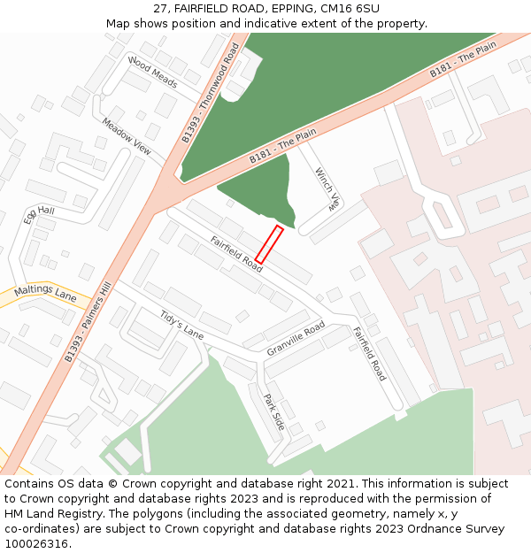 27, FAIRFIELD ROAD, EPPING, CM16 6SU: Location map and indicative extent of plot