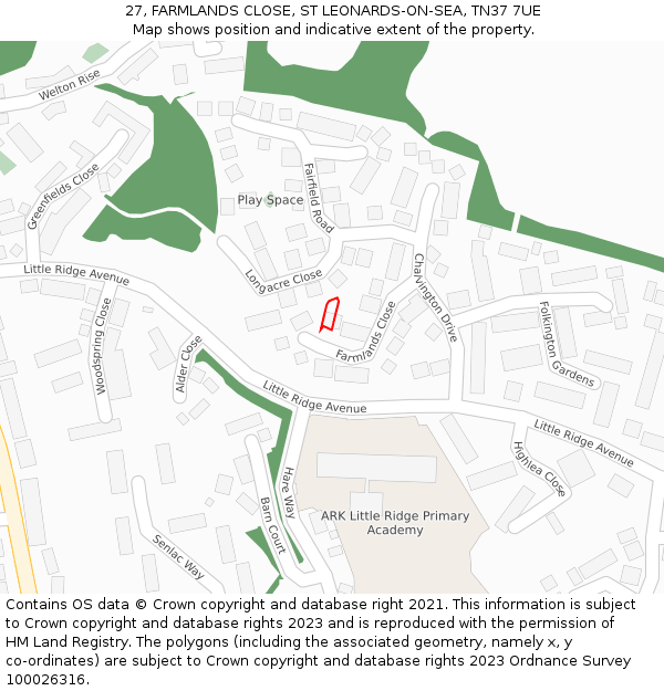 27, FARMLANDS CLOSE, ST LEONARDS-ON-SEA, TN37 7UE: Location map and indicative extent of plot