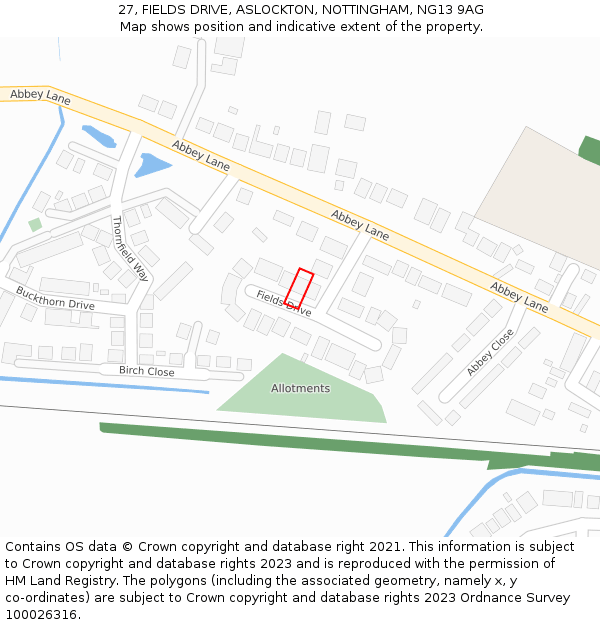 27, FIELDS DRIVE, ASLOCKTON, NOTTINGHAM, NG13 9AG: Location map and indicative extent of plot