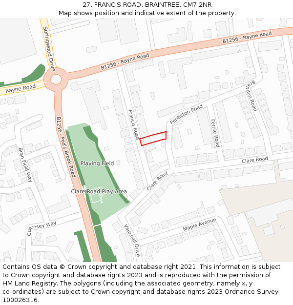 27, FRANCIS ROAD, BRAINTREE, CM7 2NR: Location map and indicative extent of plot