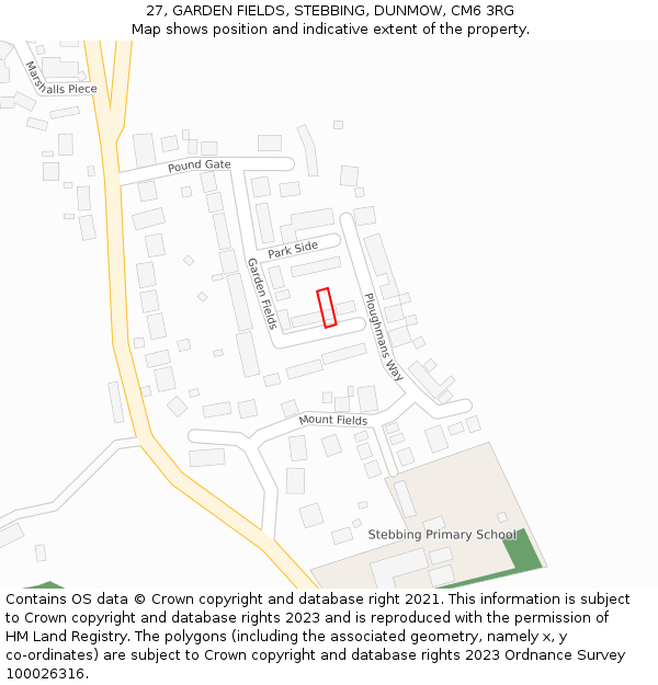 27, GARDEN FIELDS, STEBBING, DUNMOW, CM6 3RG: Location map and indicative extent of plot