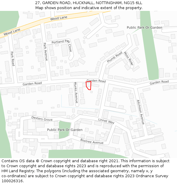 27, GARDEN ROAD, HUCKNALL, NOTTINGHAM, NG15 6LL: Location map and indicative extent of plot