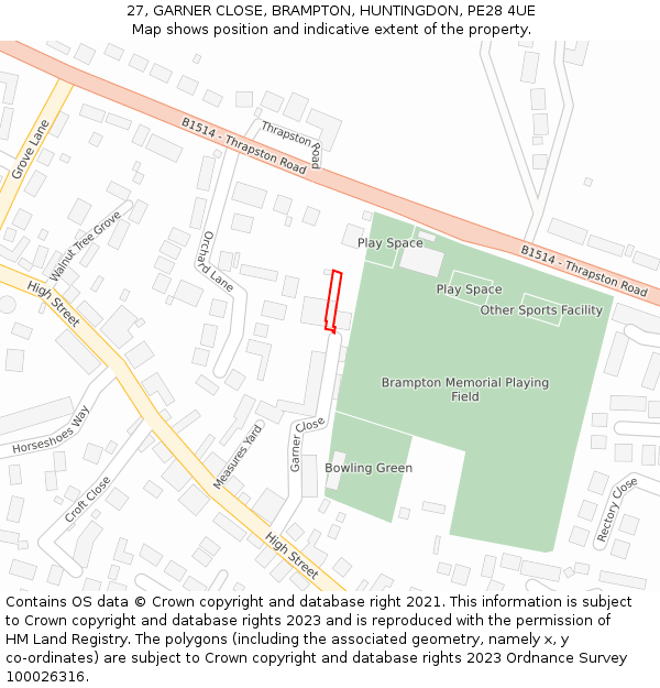 27, GARNER CLOSE, BRAMPTON, HUNTINGDON, PE28 4UE: Location map and indicative extent of plot