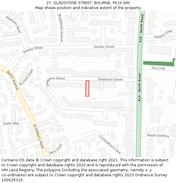 27, GLADSTONE STREET, BOURNE, PE10 9AY: Location map and indicative extent of plot