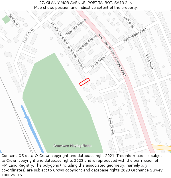 27, GLAN Y MOR AVENUE, PORT TALBOT, SA13 2LN: Location map and indicative extent of plot