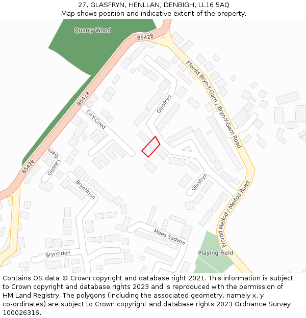 27, GLASFRYN, HENLLAN, DENBIGH, LL16 5AQ: Location map and indicative extent of plot