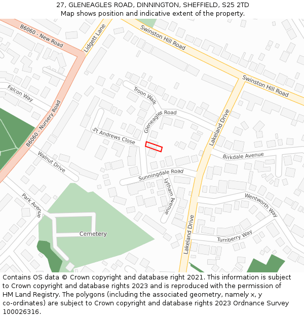 27, GLENEAGLES ROAD, DINNINGTON, SHEFFIELD, S25 2TD: Location map and indicative extent of plot