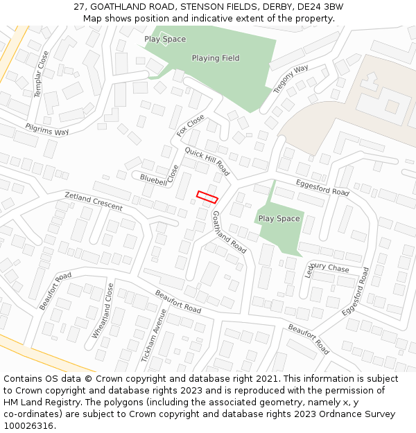 27, GOATHLAND ROAD, STENSON FIELDS, DERBY, DE24 3BW: Location map and indicative extent of plot