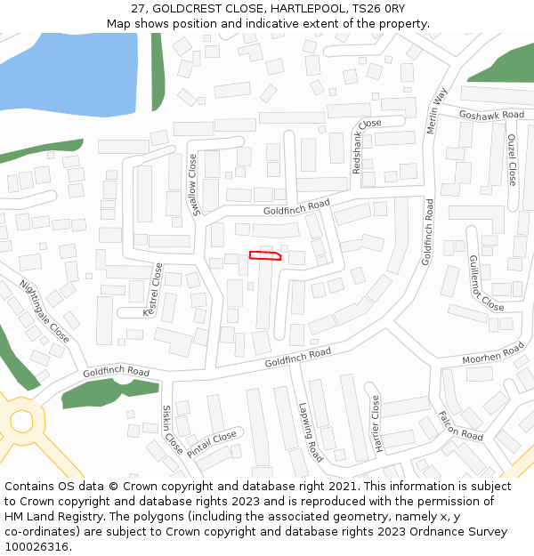 27, GOLDCREST CLOSE, HARTLEPOOL, TS26 0RY: Location map and indicative extent of plot
