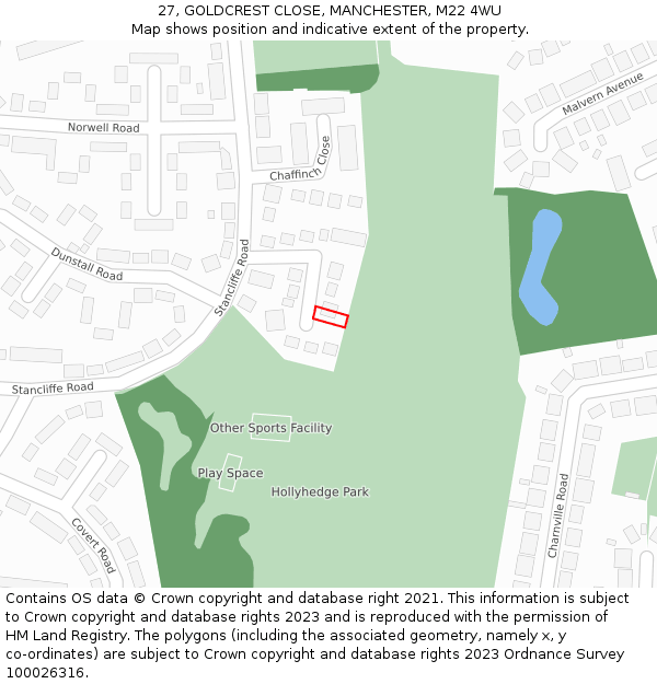 27, GOLDCREST CLOSE, MANCHESTER, M22 4WU: Location map and indicative extent of plot