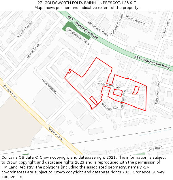 27, GOLDSWORTH FOLD, RAINHILL, PRESCOT, L35 9LT: Location map and indicative extent of plot
