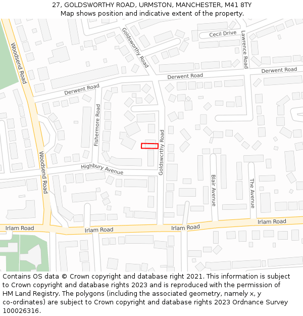 27, GOLDSWORTHY ROAD, URMSTON, MANCHESTER, M41 8TY: Location map and indicative extent of plot