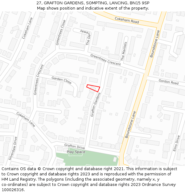 27, GRAFTON GARDENS, SOMPTING, LANCING, BN15 9SP: Location map and indicative extent of plot