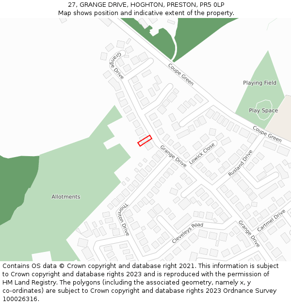 27, GRANGE DRIVE, HOGHTON, PRESTON, PR5 0LP: Location map and indicative extent of plot