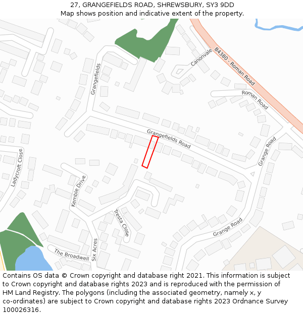 27, GRANGEFIELDS ROAD, SHREWSBURY, SY3 9DD: Location map and indicative extent of plot