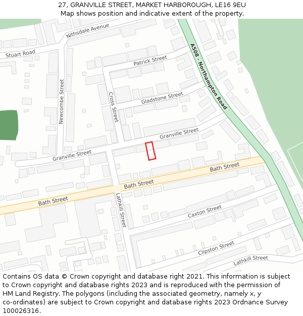 27, GRANVILLE STREET, MARKET HARBOROUGH, LE16 9EU: Location map and indicative extent of plot