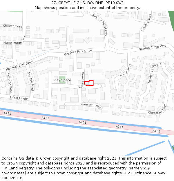 27, GREAT LEIGHS, BOURNE, PE10 0WF: Location map and indicative extent of plot