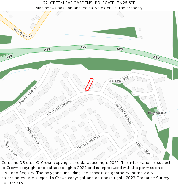 27, GREENLEAF GARDENS, POLEGATE, BN26 6PE: Location map and indicative extent of plot