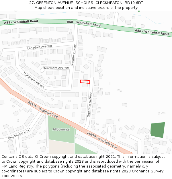27, GREENTON AVENUE, SCHOLES, CLECKHEATON, BD19 6DT: Location map and indicative extent of plot