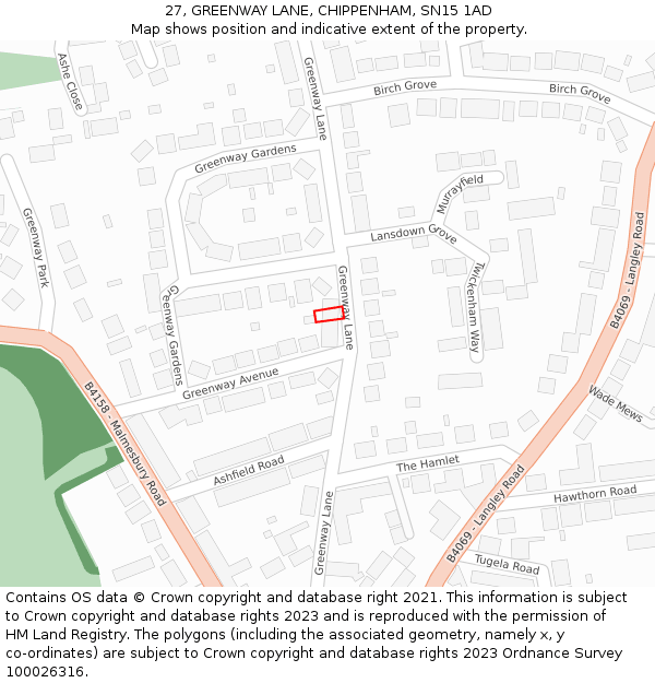 27, GREENWAY LANE, CHIPPENHAM, SN15 1AD: Location map and indicative extent of plot