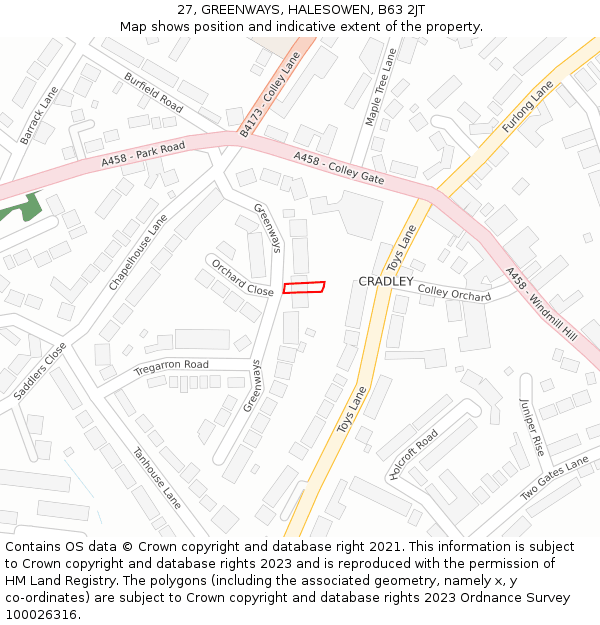 27, GREENWAYS, HALESOWEN, B63 2JT: Location map and indicative extent of plot
