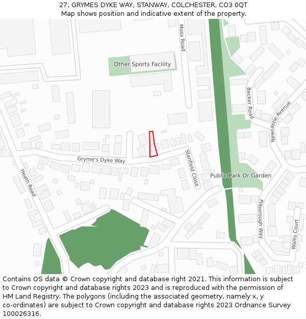 27, GRYMES DYKE WAY, STANWAY, COLCHESTER, CO3 0QT: Location map and indicative extent of plot
