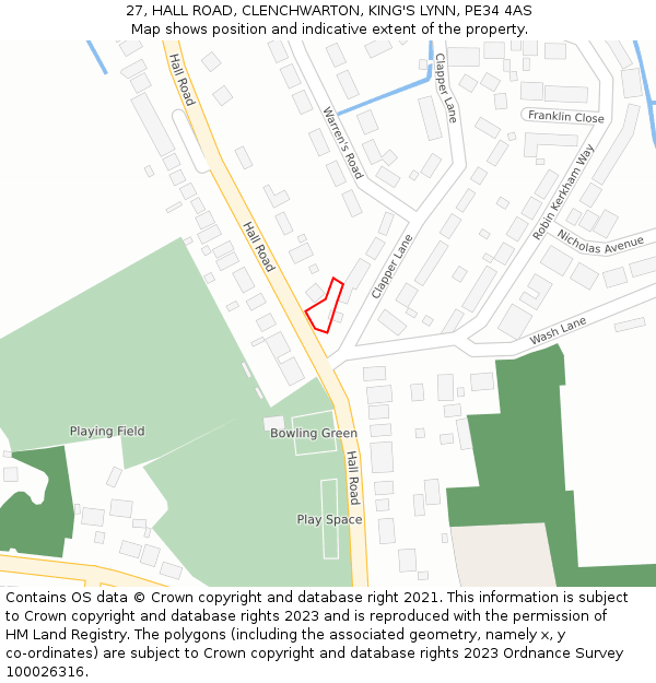 27, HALL ROAD, CLENCHWARTON, KING'S LYNN, PE34 4AS: Location map and indicative extent of plot