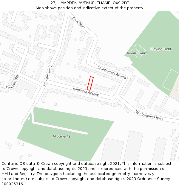 27, HAMPDEN AVENUE, THAME, OX9 2DT: Location map and indicative extent of plot