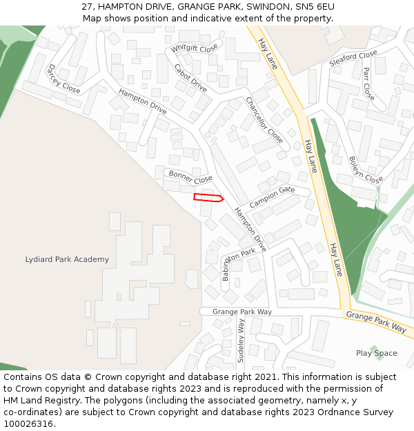 27, HAMPTON DRIVE, GRANGE PARK, SWINDON, SN5 6EU: Location map and indicative extent of plot