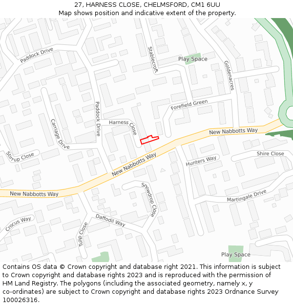 27, HARNESS CLOSE, CHELMSFORD, CM1 6UU: Location map and indicative extent of plot