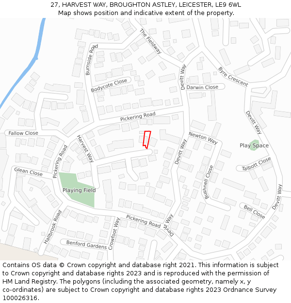 27, HARVEST WAY, BROUGHTON ASTLEY, LEICESTER, LE9 6WL: Location map and indicative extent of plot