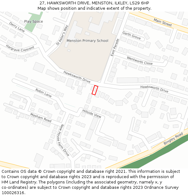 27, HAWKSWORTH DRIVE, MENSTON, ILKLEY, LS29 6HP: Location map and indicative extent of plot