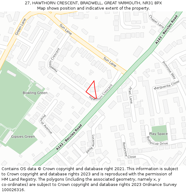 27, HAWTHORN CRESCENT, BRADWELL, GREAT YARMOUTH, NR31 8PX: Location map and indicative extent of plot
