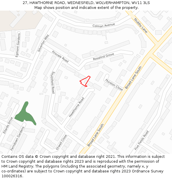 27, HAWTHORNE ROAD, WEDNESFIELD, WOLVERHAMPTON, WV11 3LS: Location map and indicative extent of plot