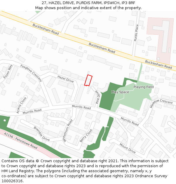 27, HAZEL DRIVE, PURDIS FARM, IPSWICH, IP3 8RF: Location map and indicative extent of plot