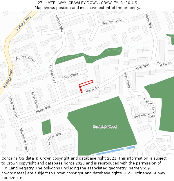 27, HAZEL WAY, CRAWLEY DOWN, CRAWLEY, RH10 4JS: Location map and indicative extent of plot