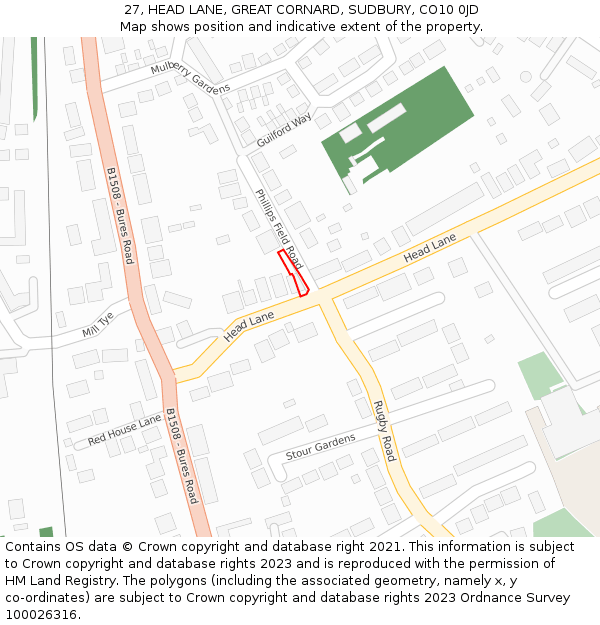 27, HEAD LANE, GREAT CORNARD, SUDBURY, CO10 0JD: Location map and indicative extent of plot