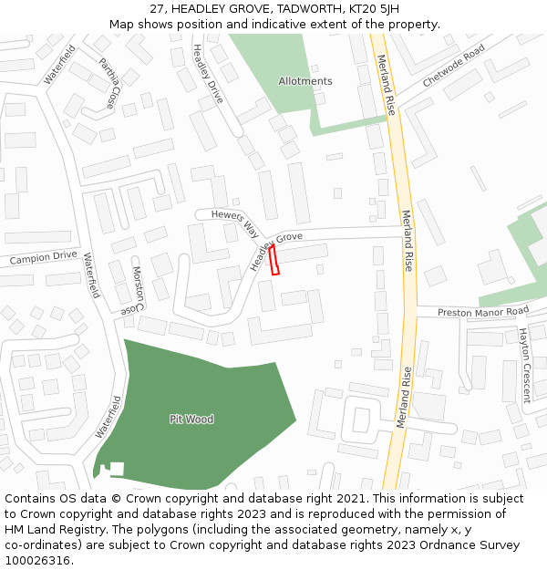 27, HEADLEY GROVE, TADWORTH, KT20 5JH: Location map and indicative extent of plot